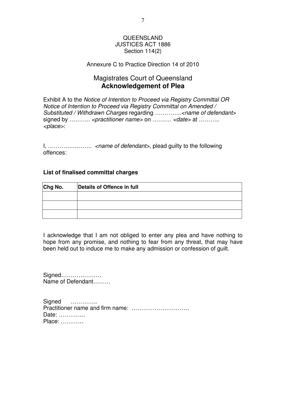 Annexure C Acknowledgement of Plea - Queensland, Australia, Page 1
