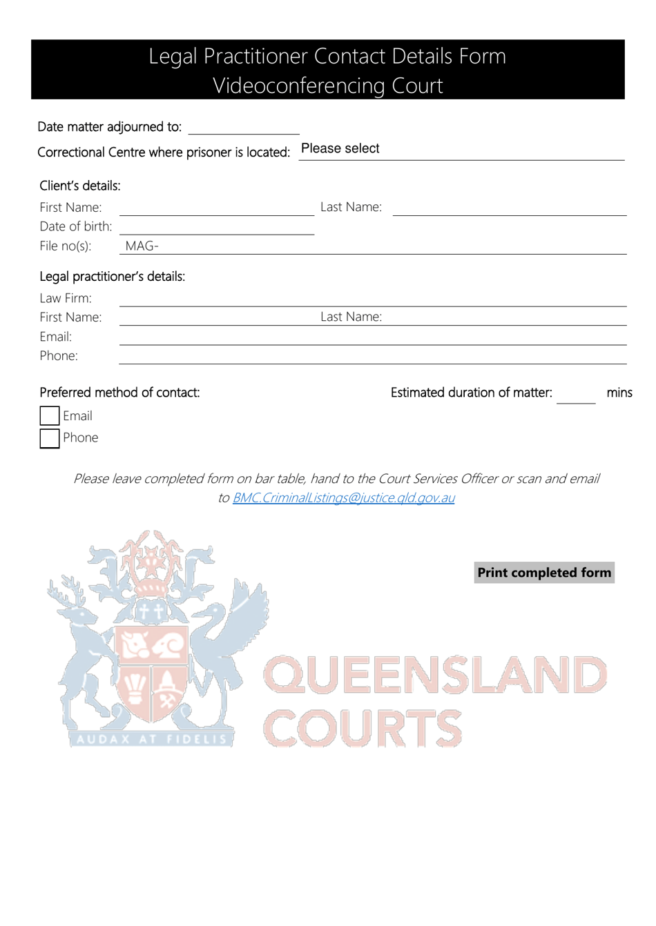 Legal Practitioner Contact Details Form - Queensland, Australia, Page 1