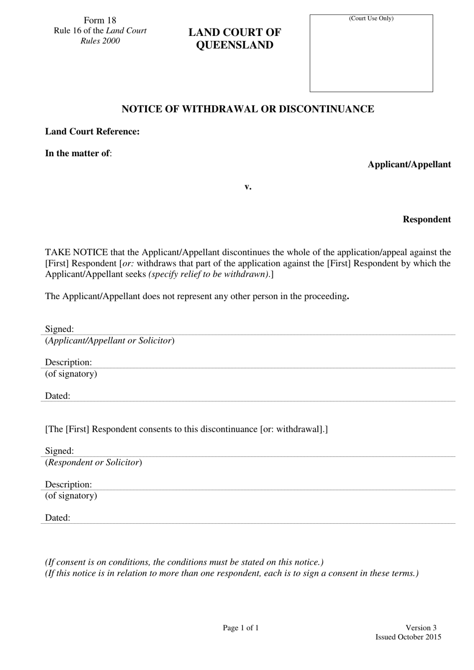 Form 18 Notice of Withdrawal or Discontinuance - Queensland, Australia, Page 1