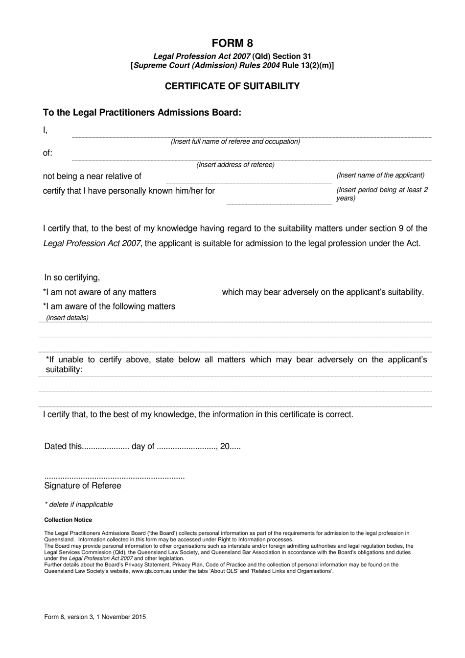 Form 8 Certificate of Suitability - Queensland, Australia, Page 1