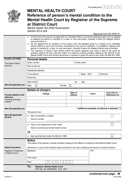 Form MHC.01 Reference of Person's Mental Condition to the Mental Health Court by Registrar of the Supreme or District Court - Queensland, Australia