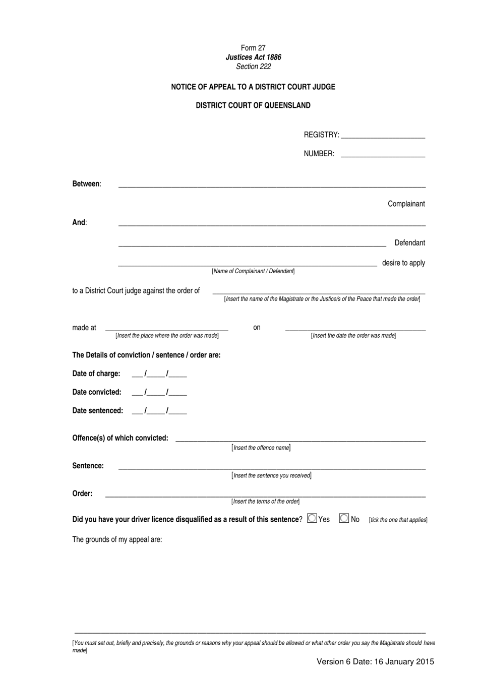 Form 27 Notice of Appeal to a District Court Judge - Queensland, Australia, Page 1