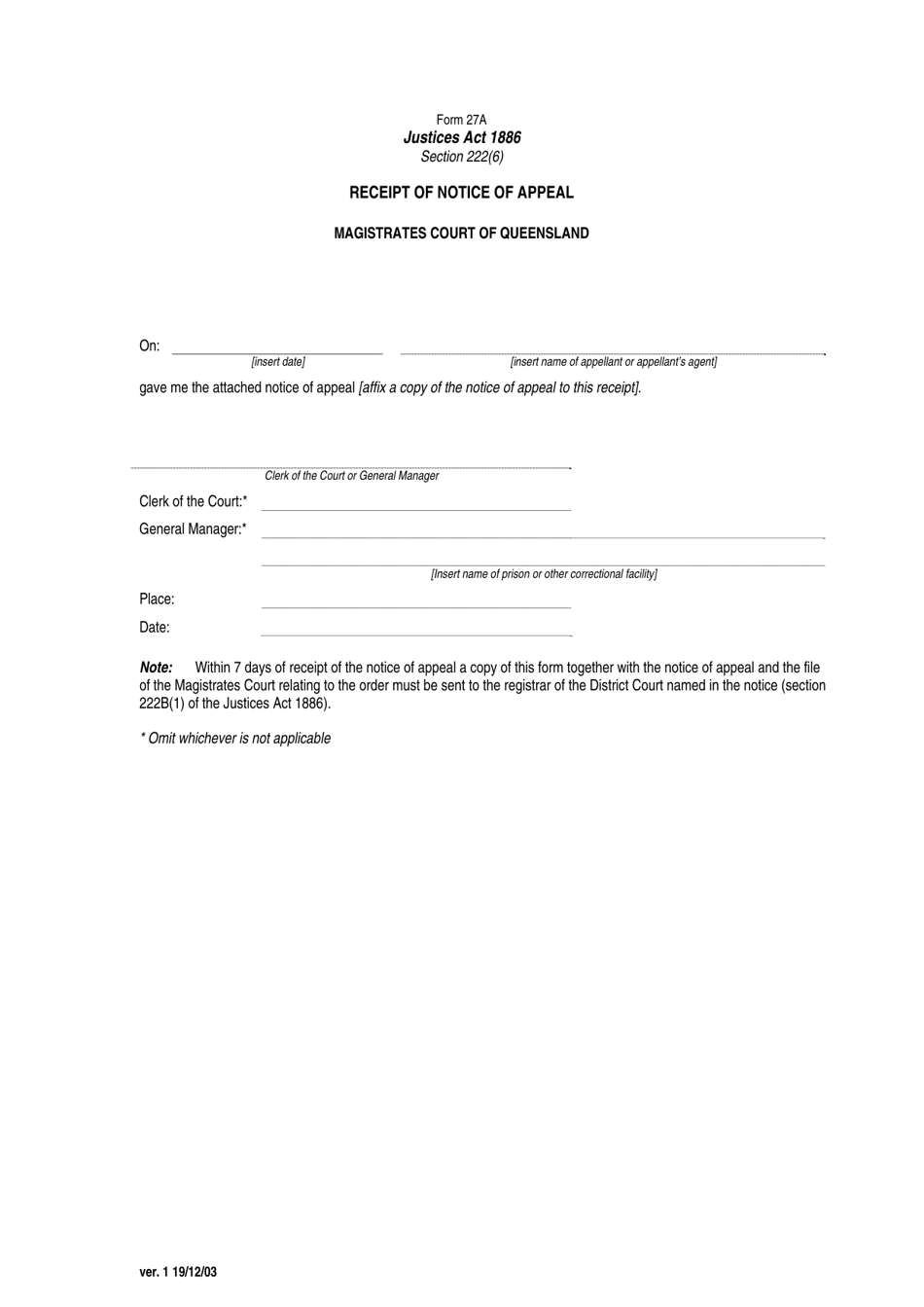 Form 27A Receipt of Notice of Appeal - Queensland, Australia, Page 1