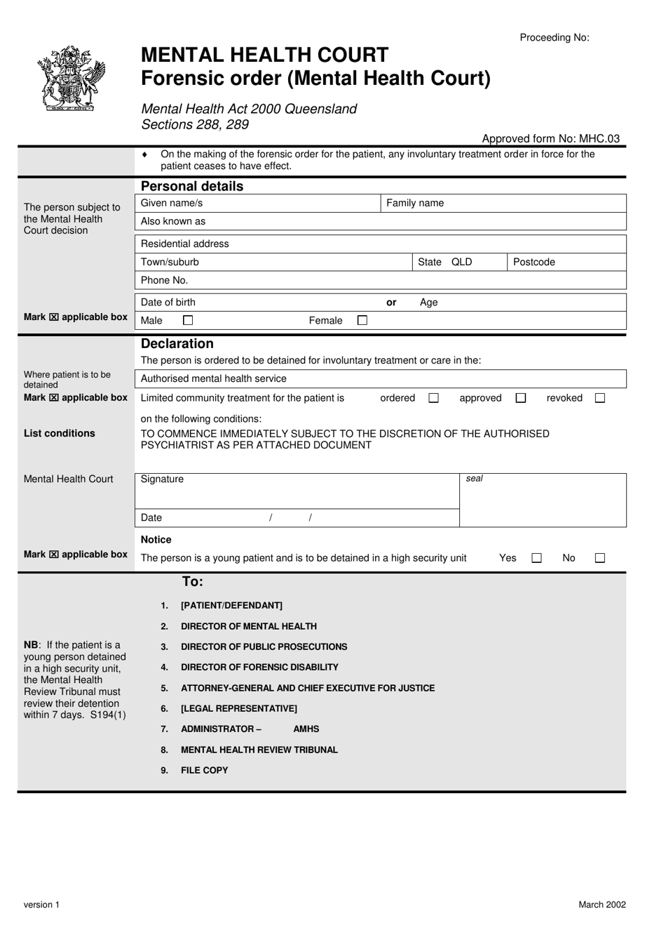 Form MHC.03 Forensic Order (Mental Health Court) - Queensland, Australia, Page 1