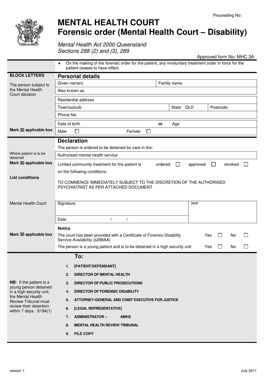Form MHC.3A Forensic Order (Mental Health Court - Disability) - Queensland, Australia, Page 1