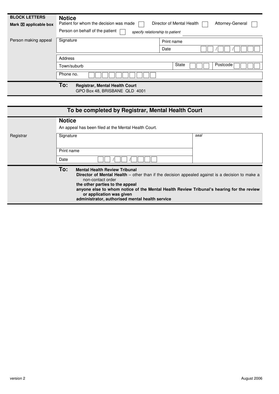 Form MHC.04 Notice of Appeal Against Decision of the Mental Health Review Tribunal - Queensland, Australia, Page 2