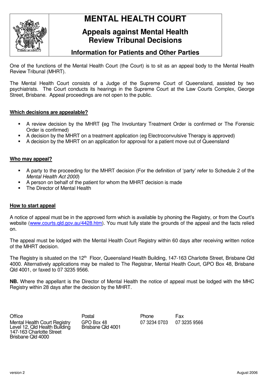 Form MHC.04 Notice of Appeal Against Decision of the Mental Health Review Tribunal - Queensland, Australia, Page 3
