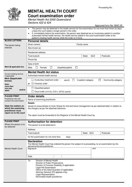 Form MHC.05 Court Examination Order - Queensland, Australia