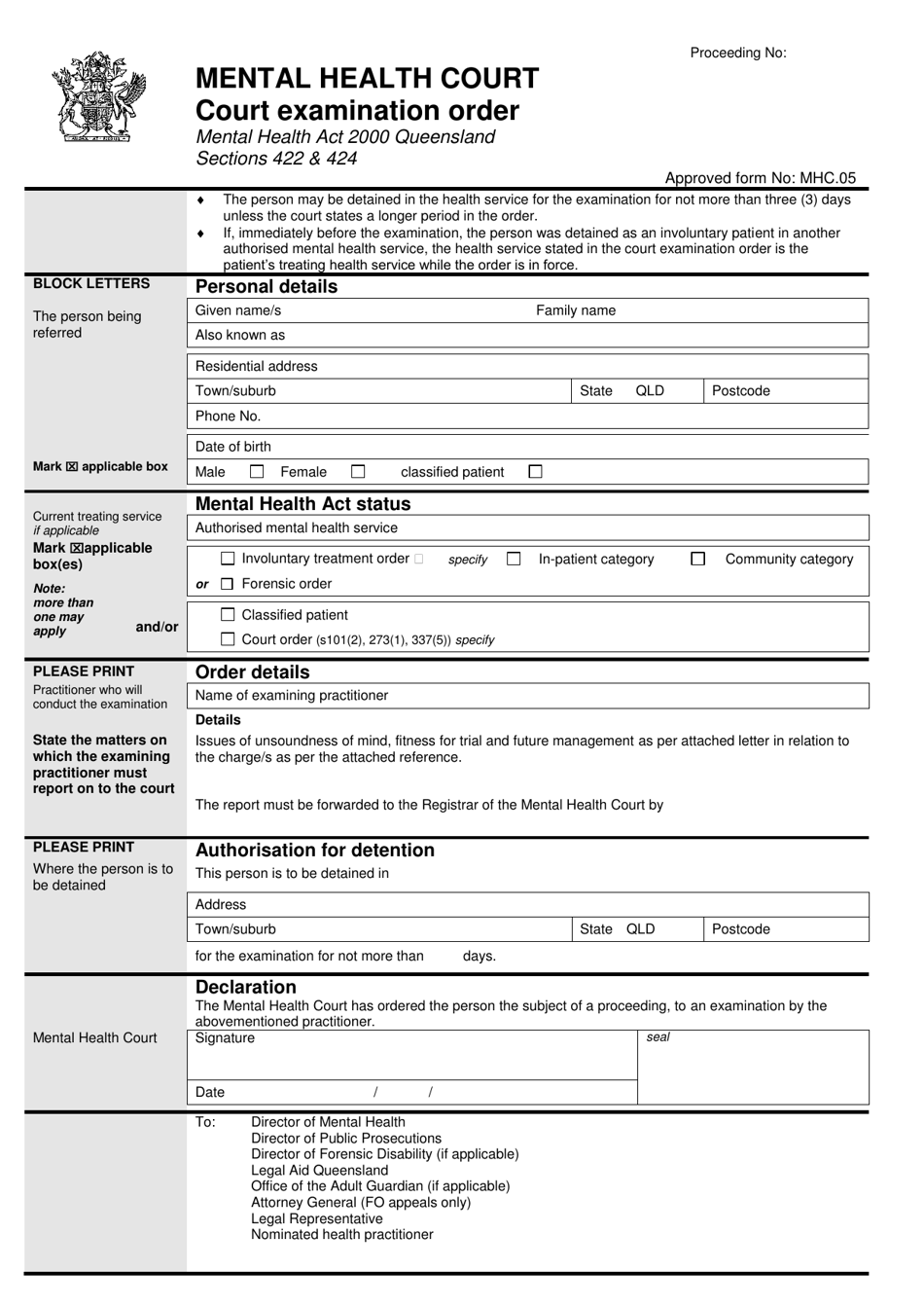 Form MHC.05 Court Examination Order - Queensland, Australia, Page 1