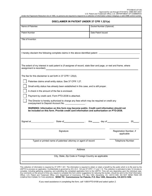 Form PTO/SB/43  Printable Pdf