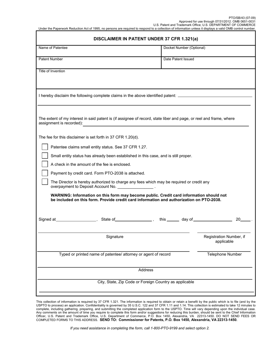 Form PTO / SB / 43 Disclaimer in Patent Under 37 Cfr 1.321(A), Page 1