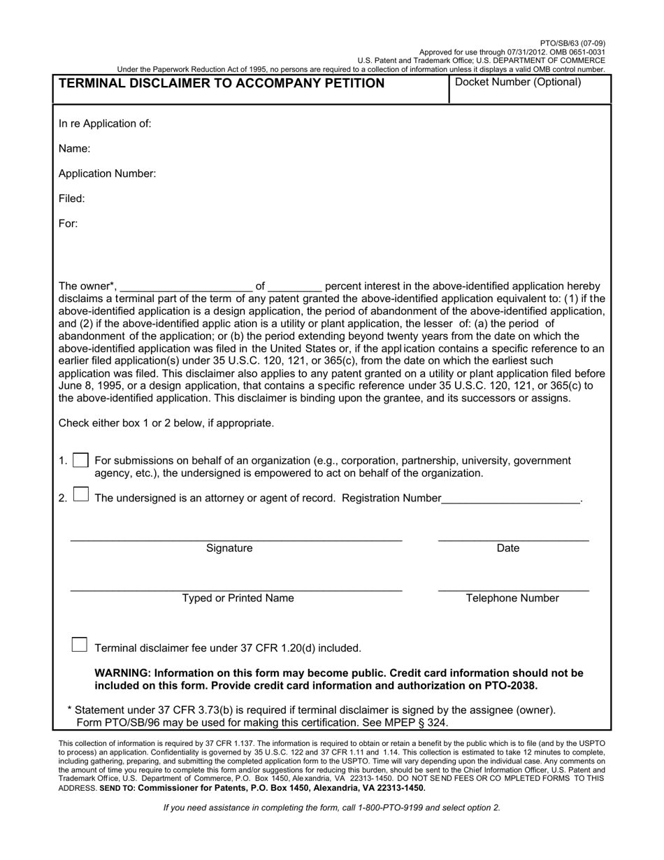 Form PTO / SB / 63 Terminal Disclaimer to Accompany Petition, Page 1