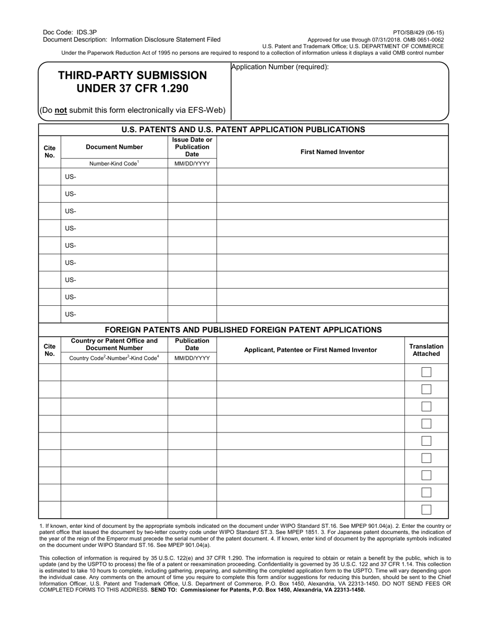 Form PTO / SB / 429 Third-Party Submission Under 37 Cfr 1.290, Page 1