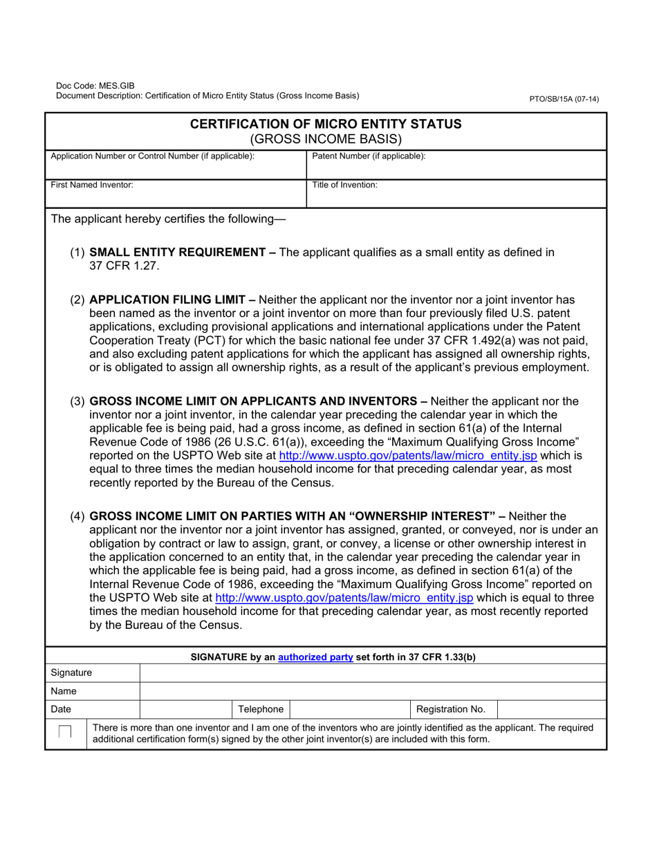 Form PTO / SB / 15A Certification of Micro Entity Status - Gross Income Basis, Page 1
