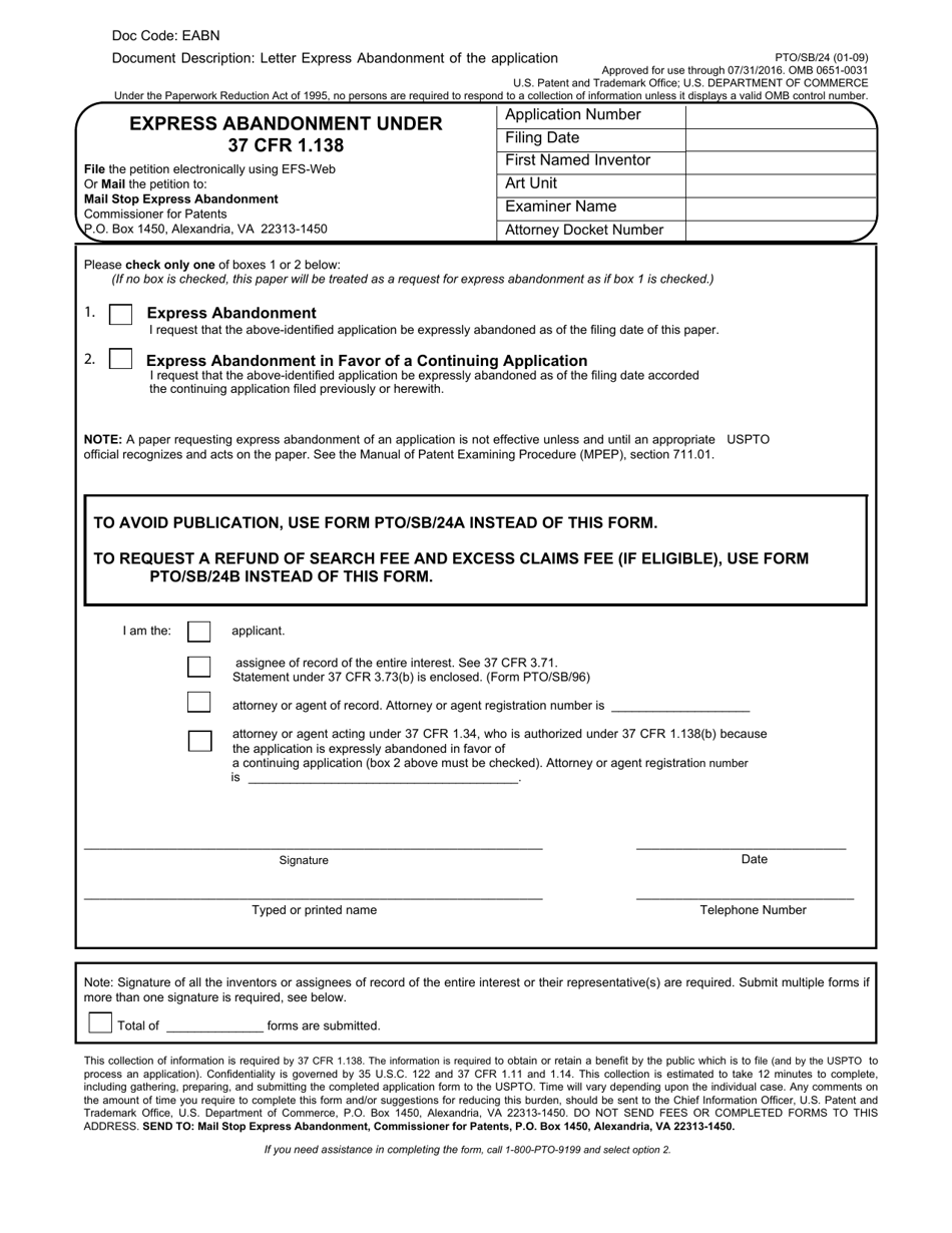 Form PTO / SB / 24 Express Abandonment Under 37 Cfr 1.138, Page 1