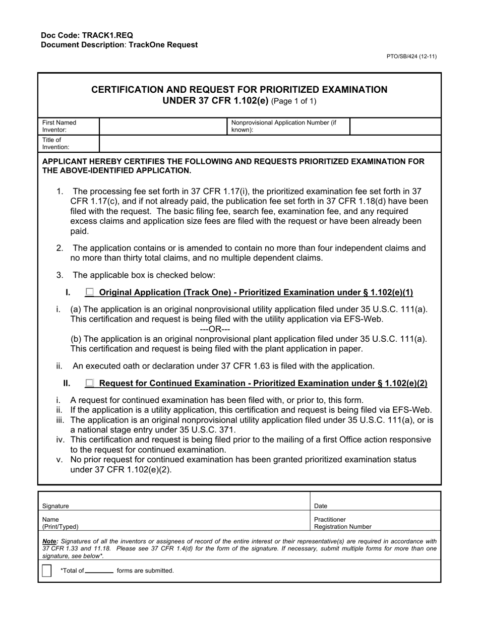 Form PTO / SB / 424 Certification and Request for Prioritized Examination Under 37 Cfr 1.102(E), Page 1