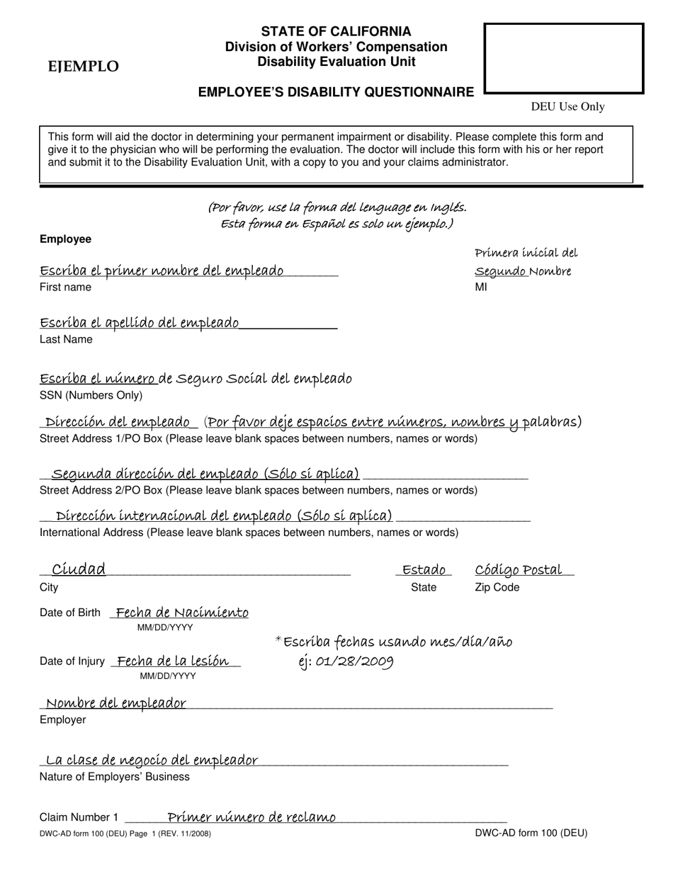 Sample DWC-AD Formulario 100 Employees Permanent Disability Questionnaire - California (Spanish), Page 1