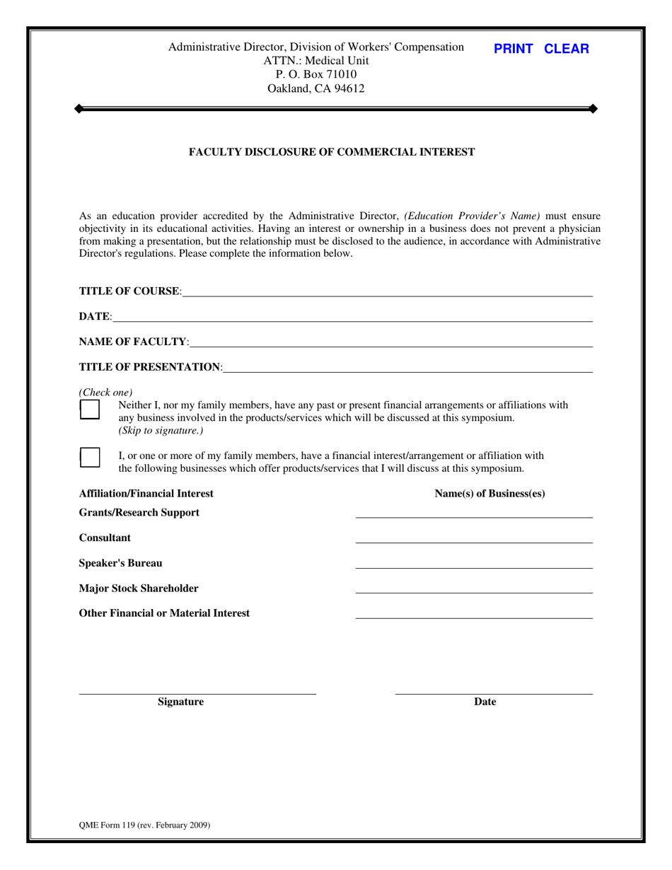 QME Form 119 Faculty Disclosure of Commercial Interest - California, Page 1