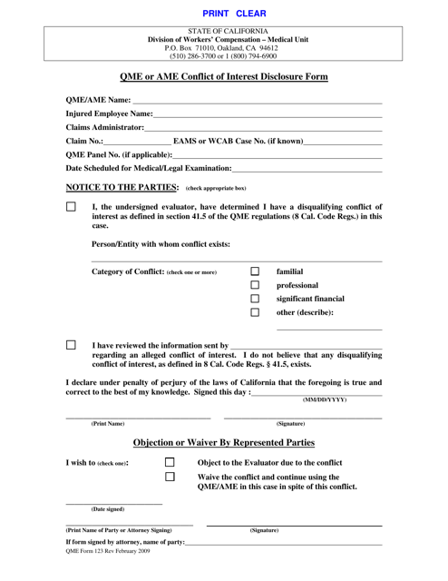 QME Form 123 Qme or Ame Conflict of Interest Disclosure Form and Objection or Waiver - California
