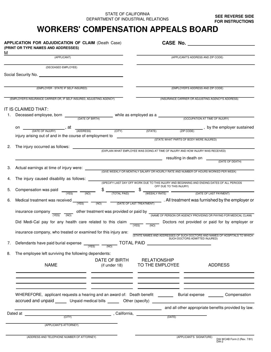 DIA WCAB Form 2 (DIA2) Application for Adjudication of Claim - Death Case - California, Page 1