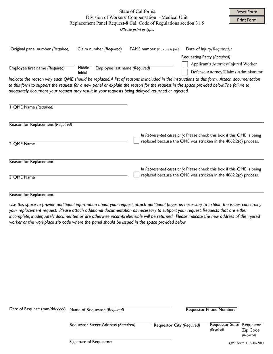 QME Form 31.5 Replacement Panel Request - California, Page 1