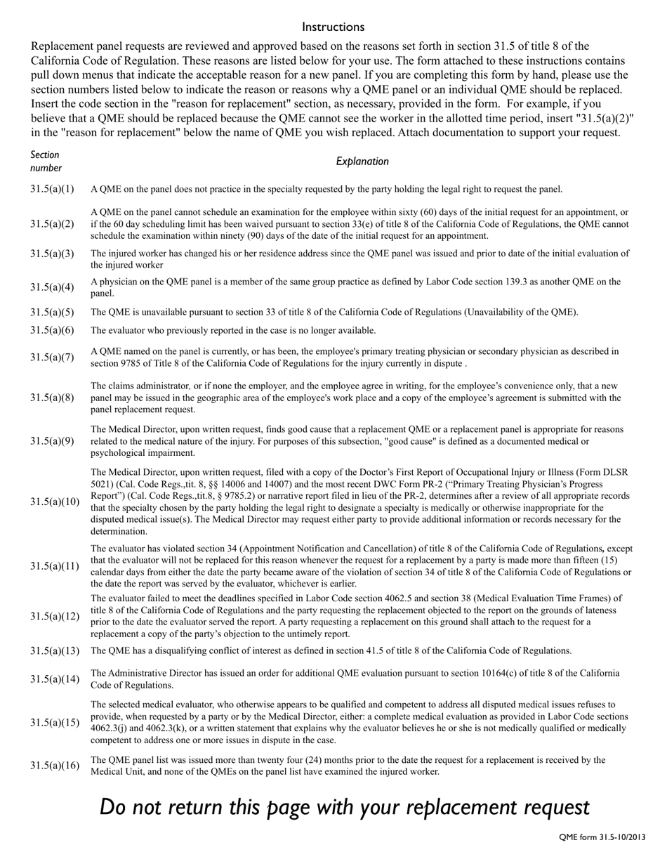 QME Form 31.5 Replacement Panel Request - California, Page 3