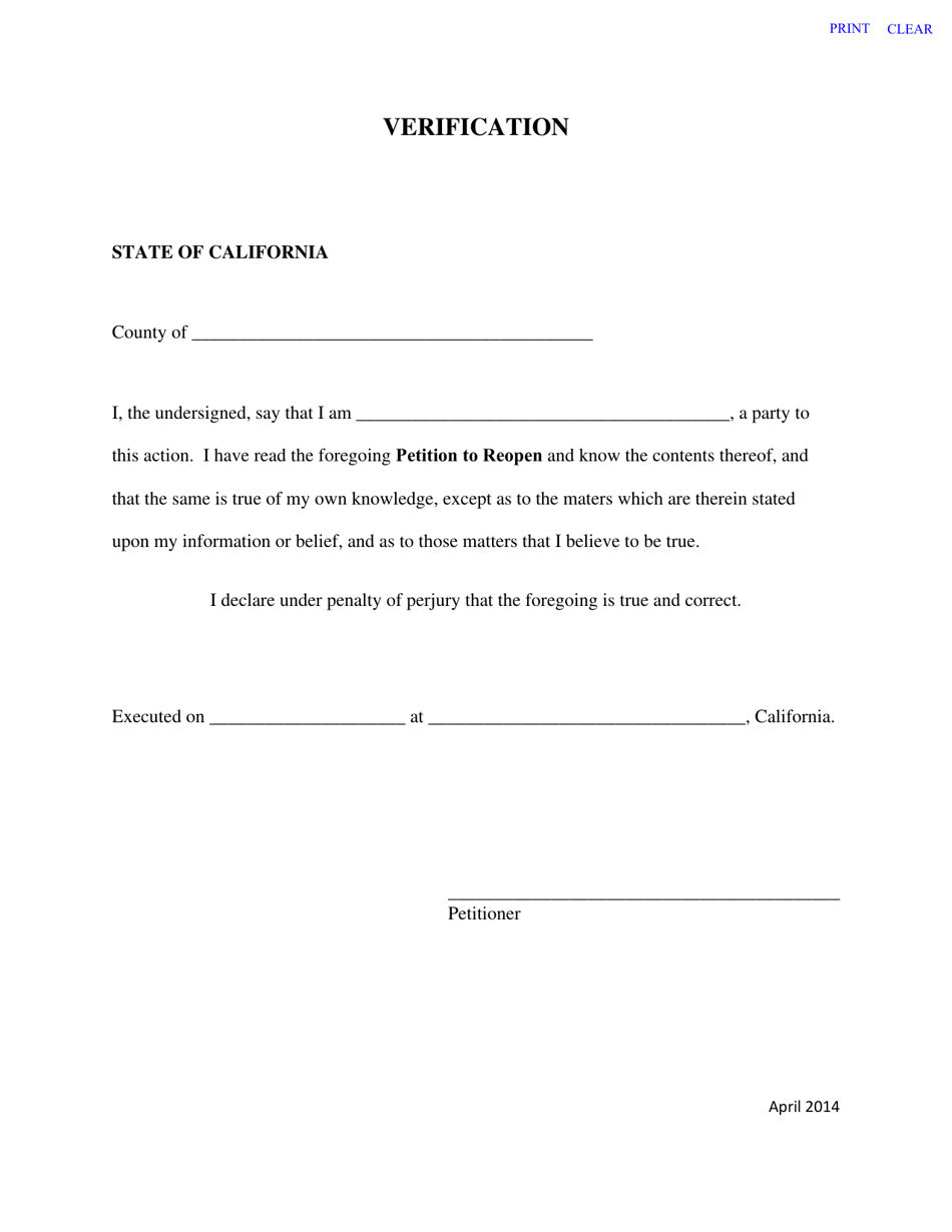 Petition to Reopen Verification Form - California, Page 1