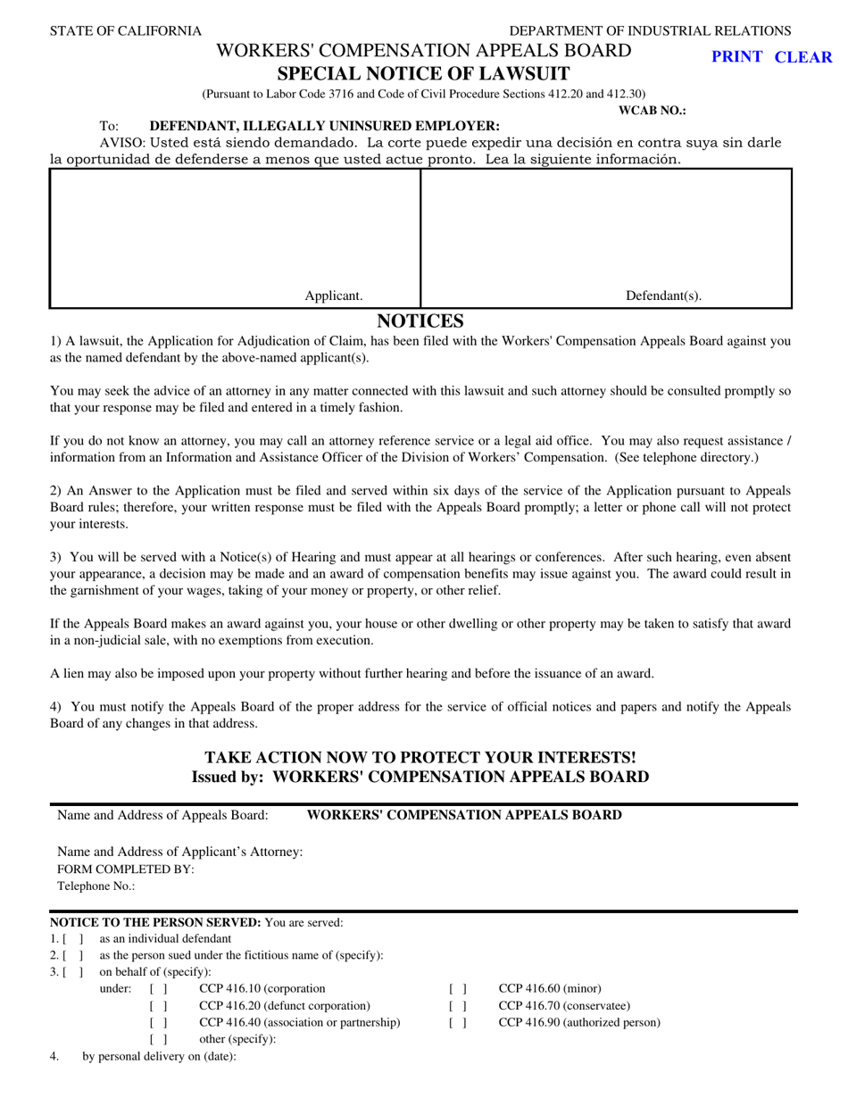 Special Notice of Lawsuit - California, Page 1