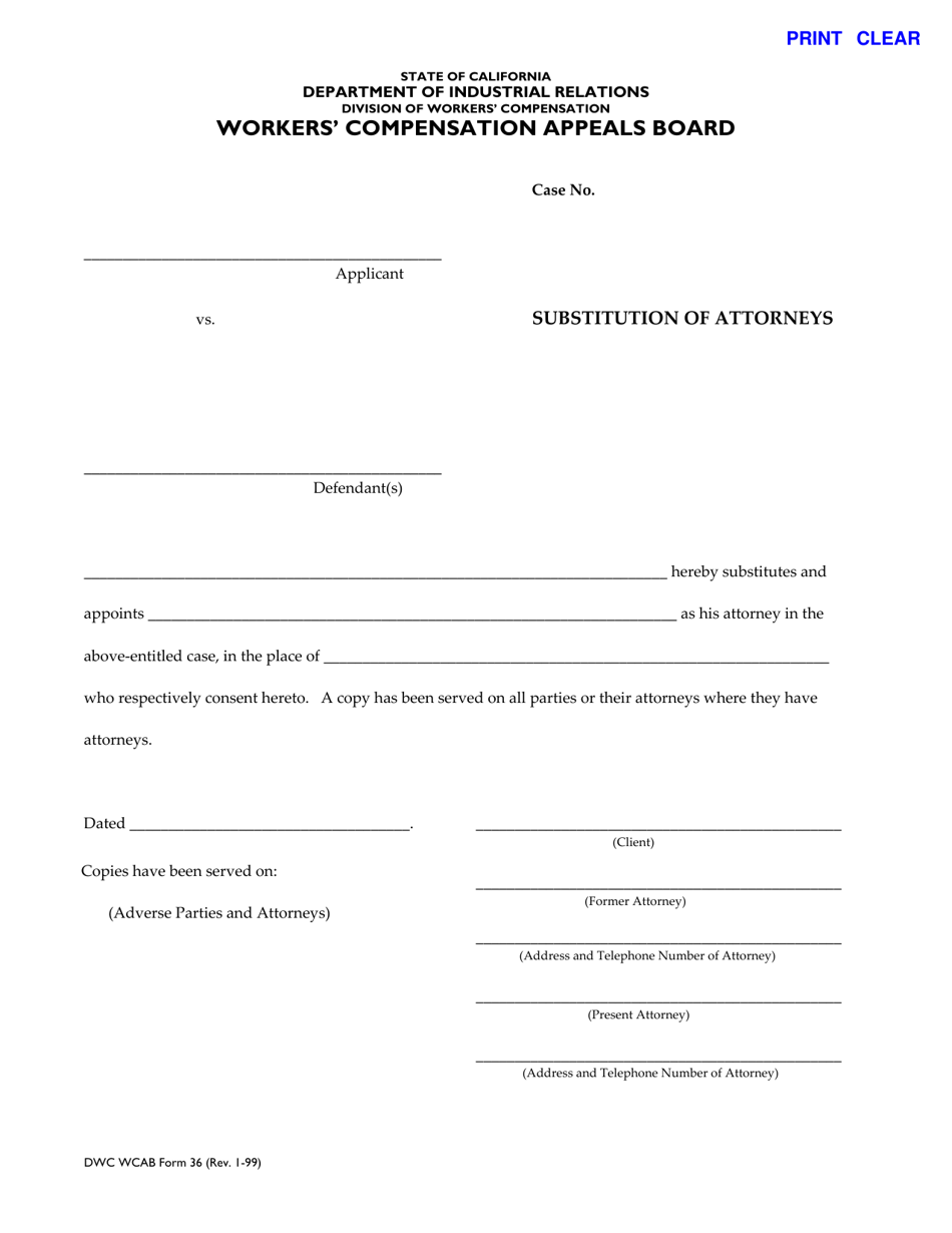 DWC / WCAB Form 36 Substitution of Attorneys - California, Page 1