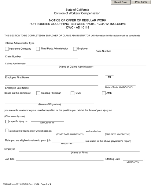 DWC-AD Form 10118 Notice of Offer of Regular Work for Injuries Occurring Between 1/1/05 - 12/31/12 - California
