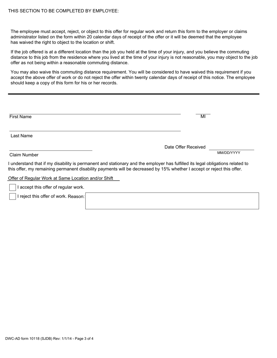 DWC-AD Form 10118 Notice of Offer of Regular Work for Injuries Occurring Between 1 / 1 / 05 - 12 / 31 / 12 - California, Page 3