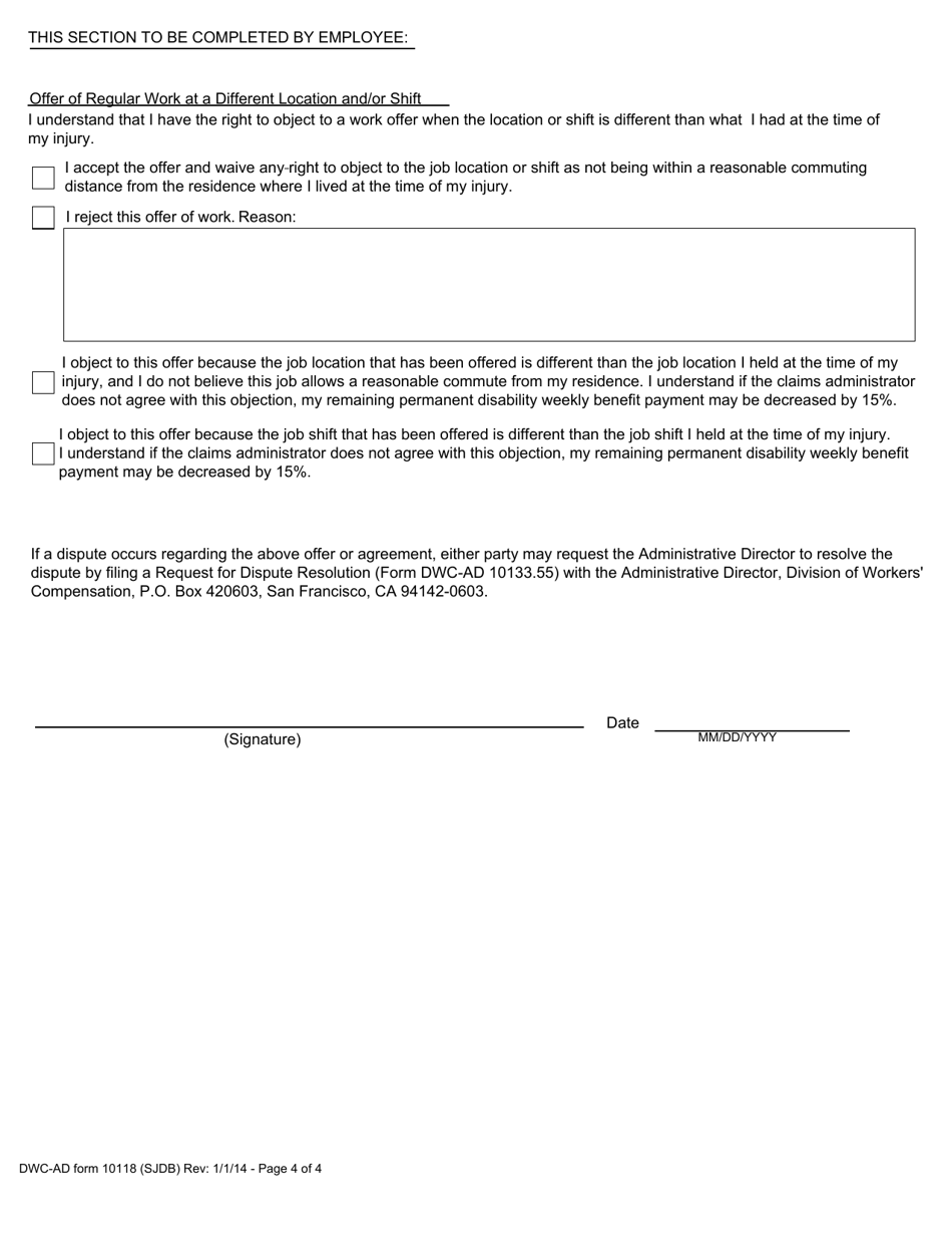 DWC-AD Form 10118 Notice of Offer of Regular Work for Injuries Occurring Between 1 / 1 / 05 - 12 / 31 / 12 - California, Page 4