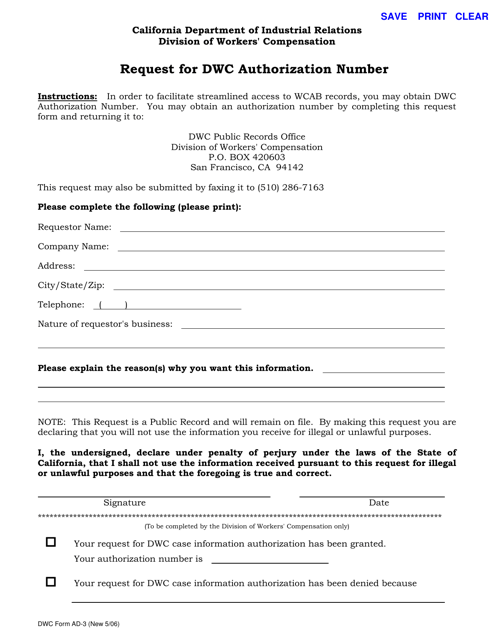 DWC Form AD-3 Request for DWC Authorization Number - California