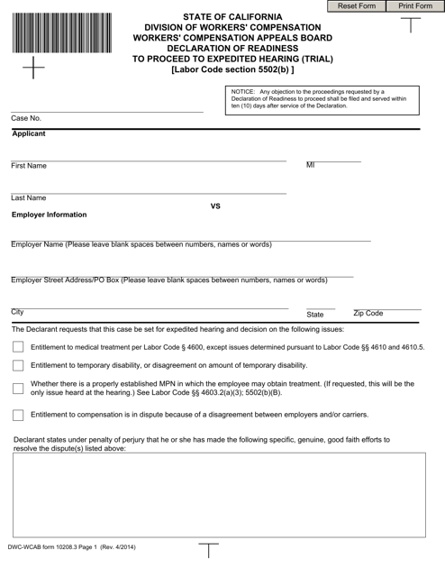 DWC/WCAB Form 10208.3 Declaration of Readiness to Proceed to Expedited Hearing (Trial) - California
