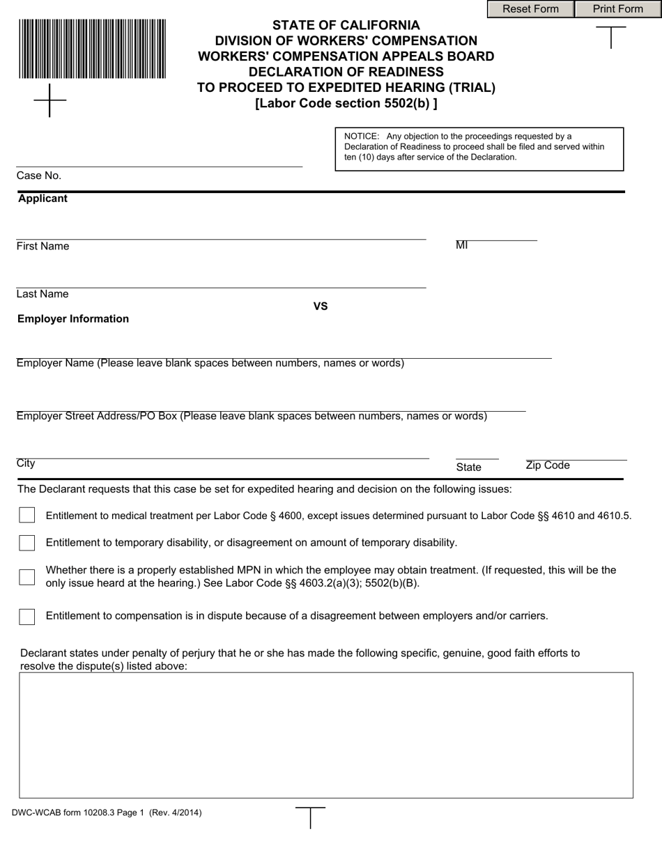 DWC / WCAB Form 10208.3 Declaration of Readiness to Proceed to Expedited Hearing (Trial) - California, Page 1