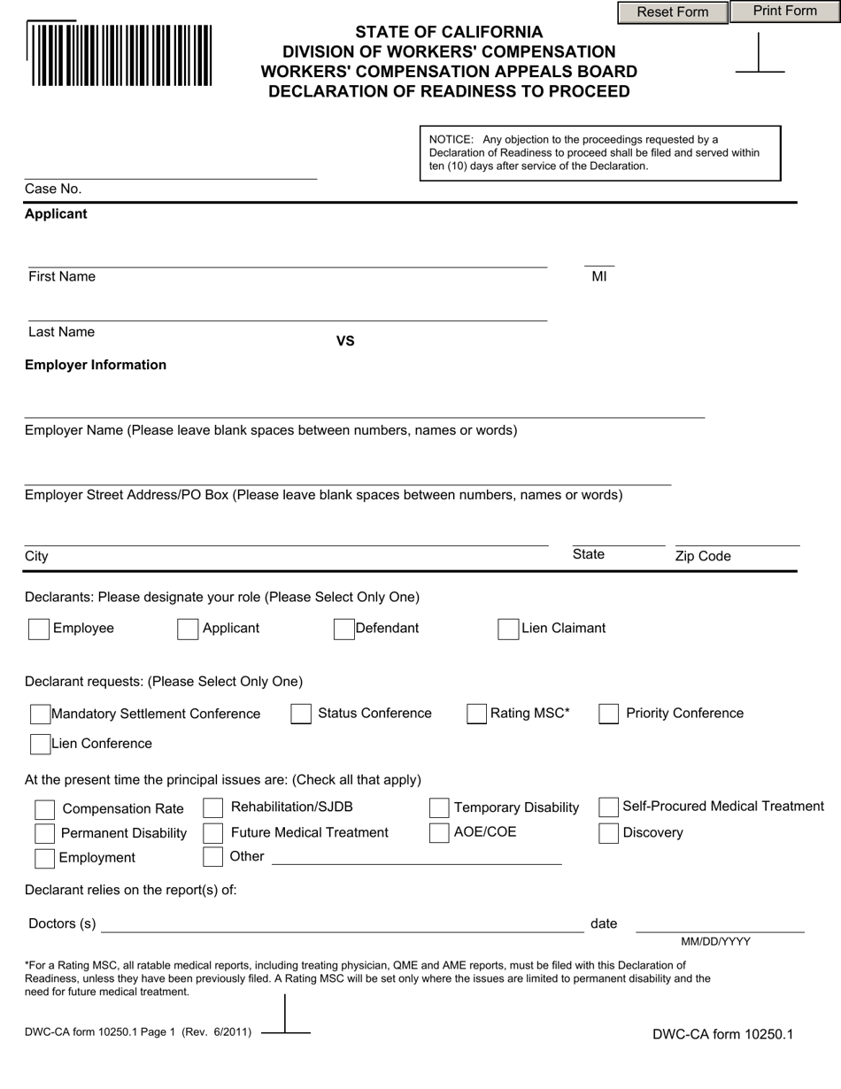 DWC-CA Form 10250.1 Declaration of Readiness to Proceed - California, Page 1