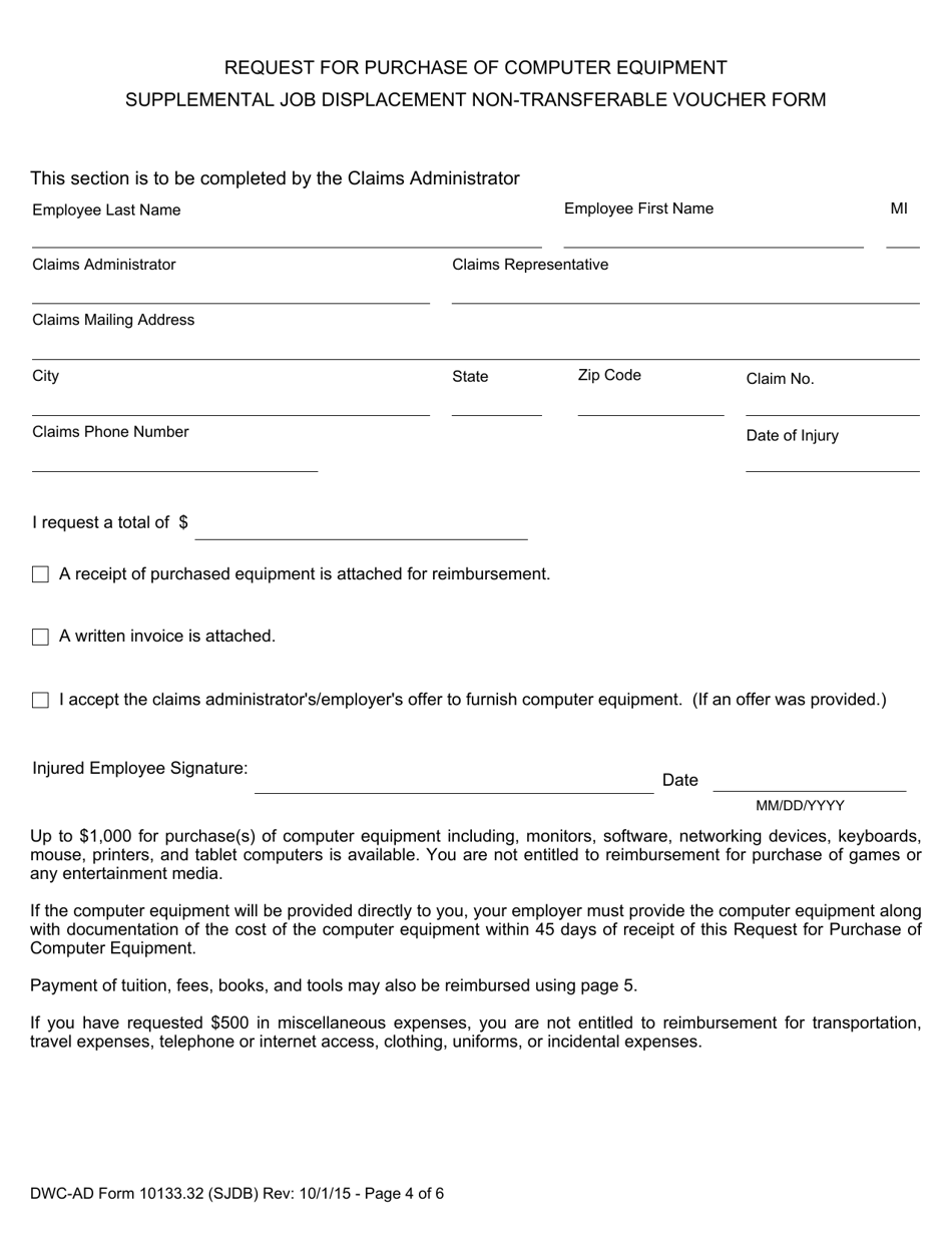 DWC-AD Form 10133.32 Supplemental Job Displacement Non-transferable Voucher Form - California, Page 4