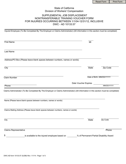 Form DWC-AD10133.57 Supplemental Job Displacement Nontransferable Training Voucher Form for Injuries Occurring Between 1/1/04-12/31/12, Inclusive - California