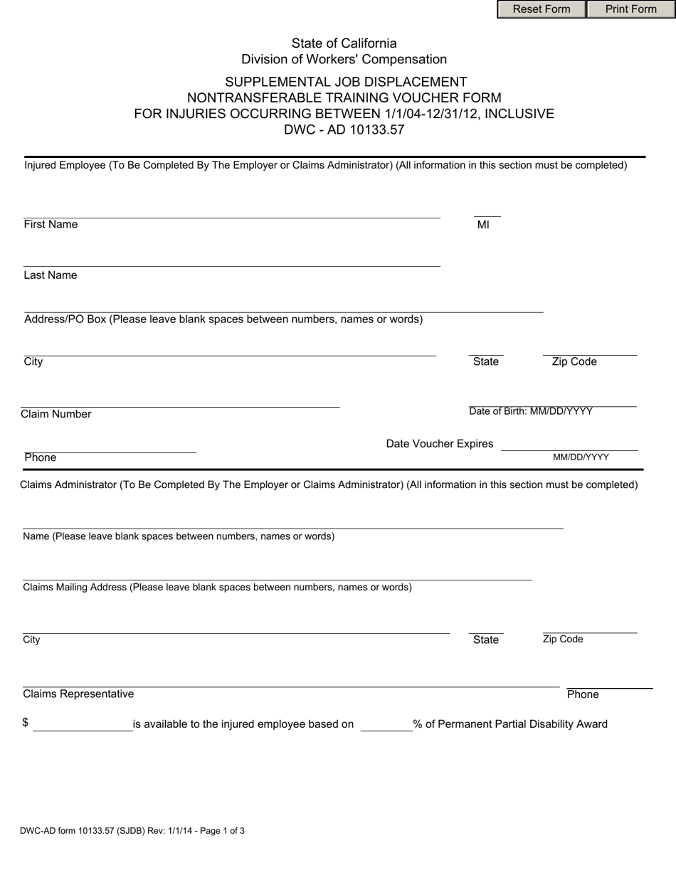 Form DWC-AD10133.57 Supplemental Job Displacement Nontransferable Training Voucher Form for Injuries Occurring Between 1 / 1 / 04-12 / 31 / 12, Inclusive - California, Page 1