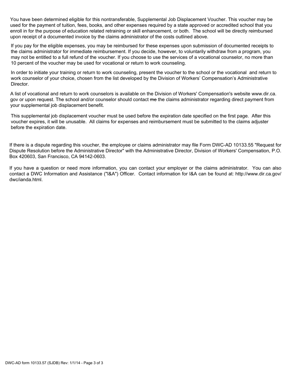 Form DWC-AD10133.57 Supplemental Job Displacement Nontransferable Training Voucher Form for Injuries Occurring Between 1 / 1 / 04-12 / 31 / 12, Inclusive - California, Page 3