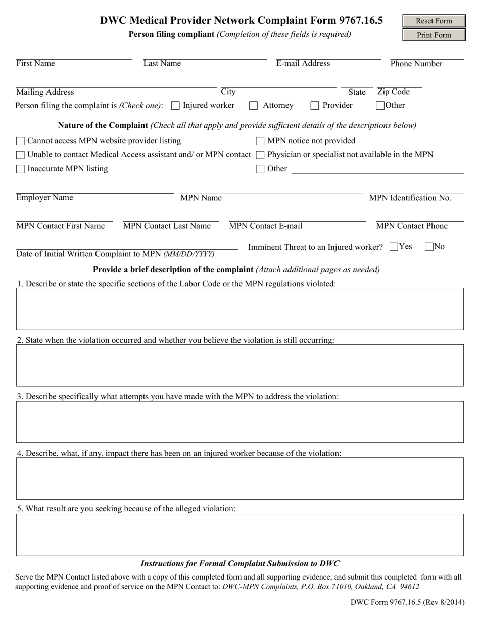 DWC Form 9767.16.5 DWC Medical Provider Network Complaint Form - California, Page 1