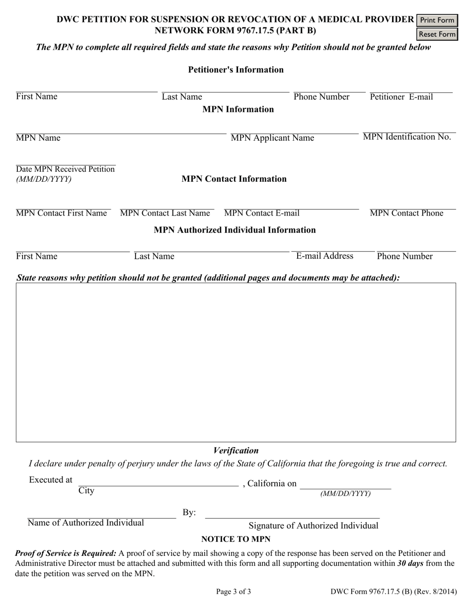 DWC Form 9767.17.5 (B) Part B DWC Petition for Suspension or Revocation of a Medical Provider Network - California, Page 1