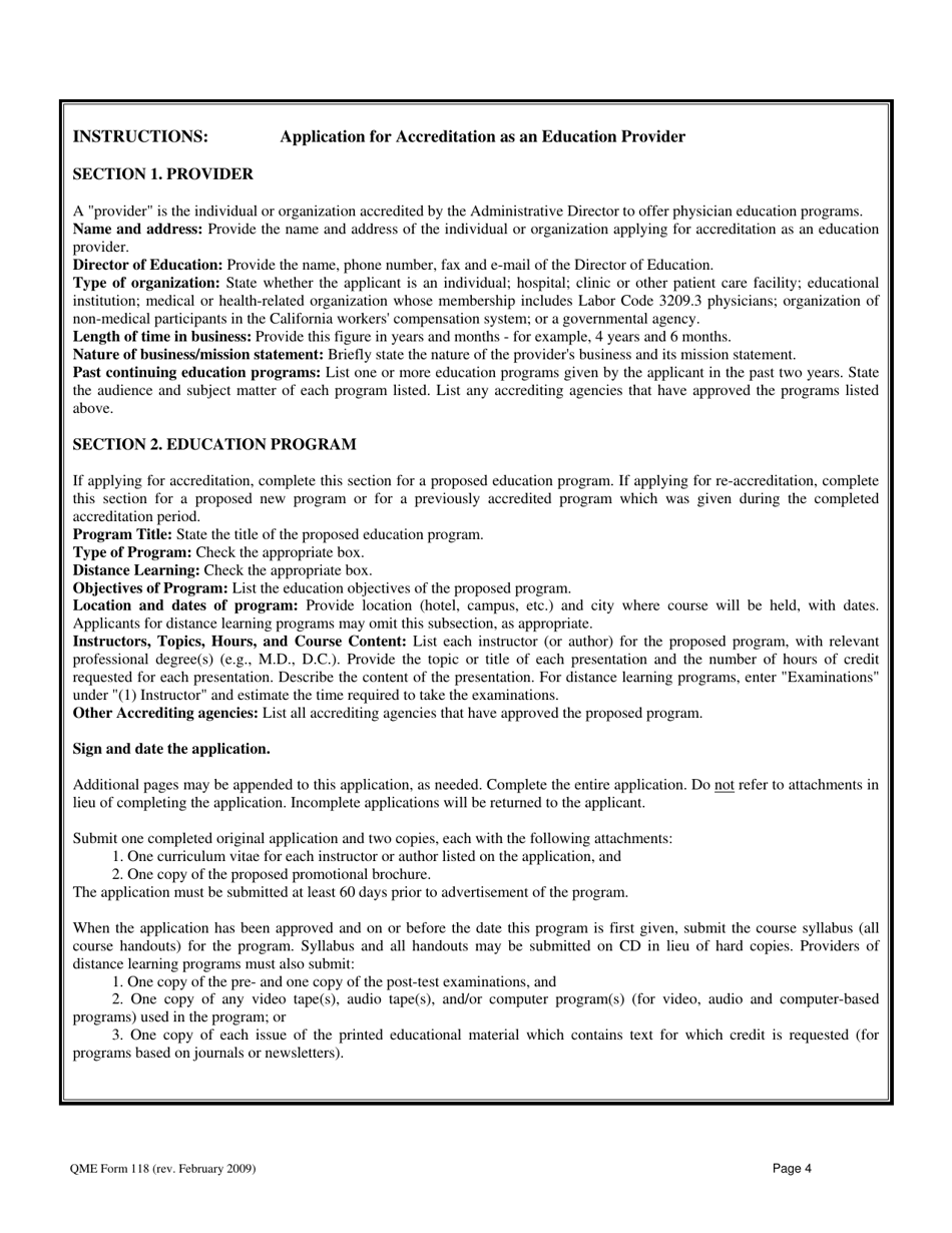 Instructions for QME Form 118 Application for Accreditation or Re-accreditation as Education Provider - California, Page 1