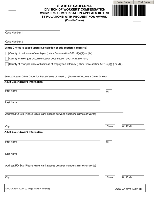 DWC-CA Form 10214(B)  Printable Pdf