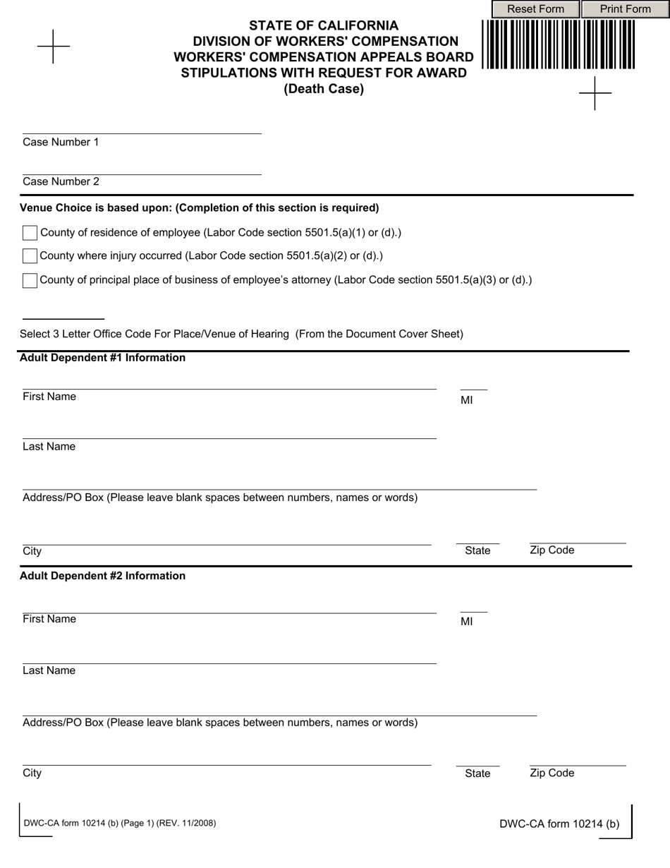 DWC-CA Form 10214(B) Stipulations With Request for Award (Death Case) - California, Page 1