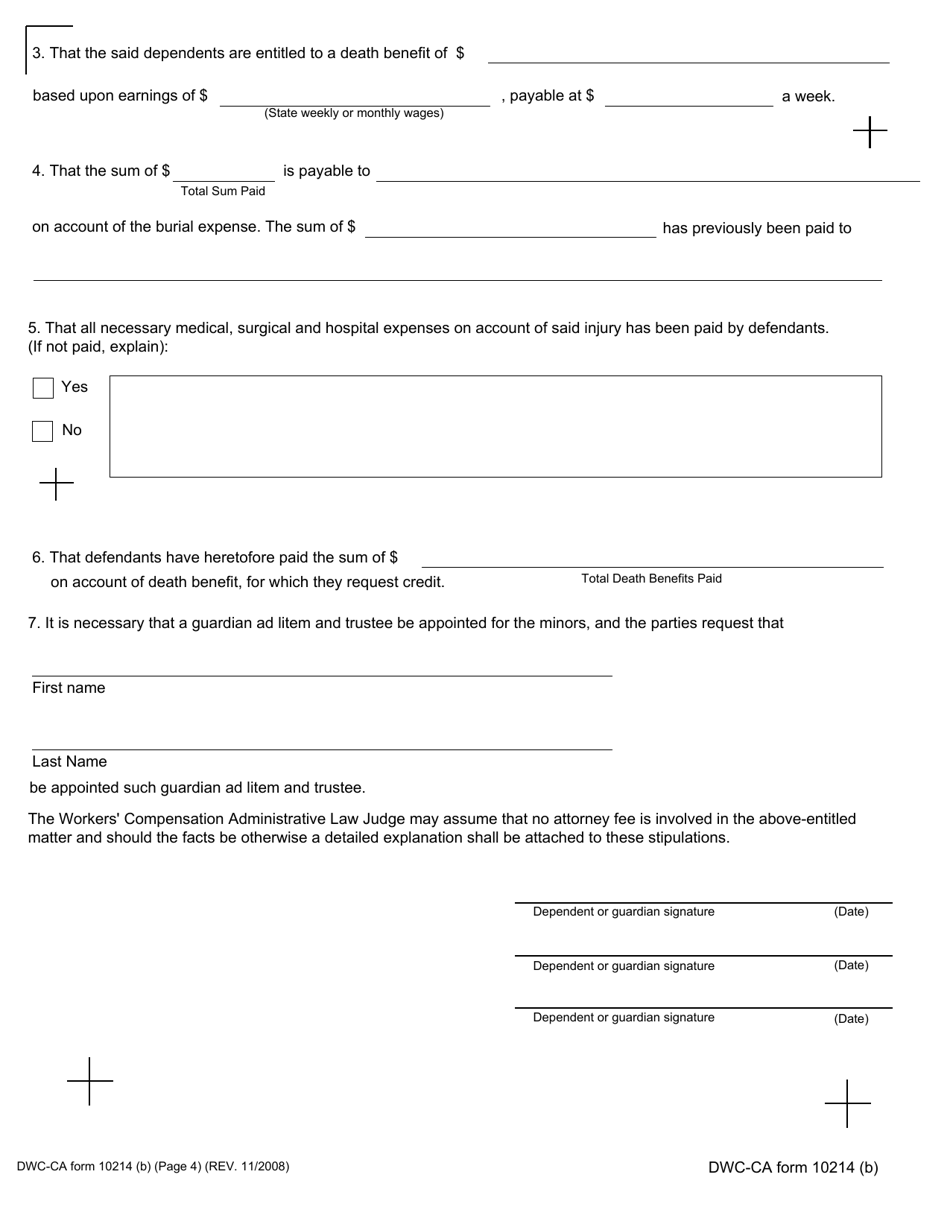 DWC-CA Form 10214(B) Stipulations With Request for Award (Death Case) - California, Page 4