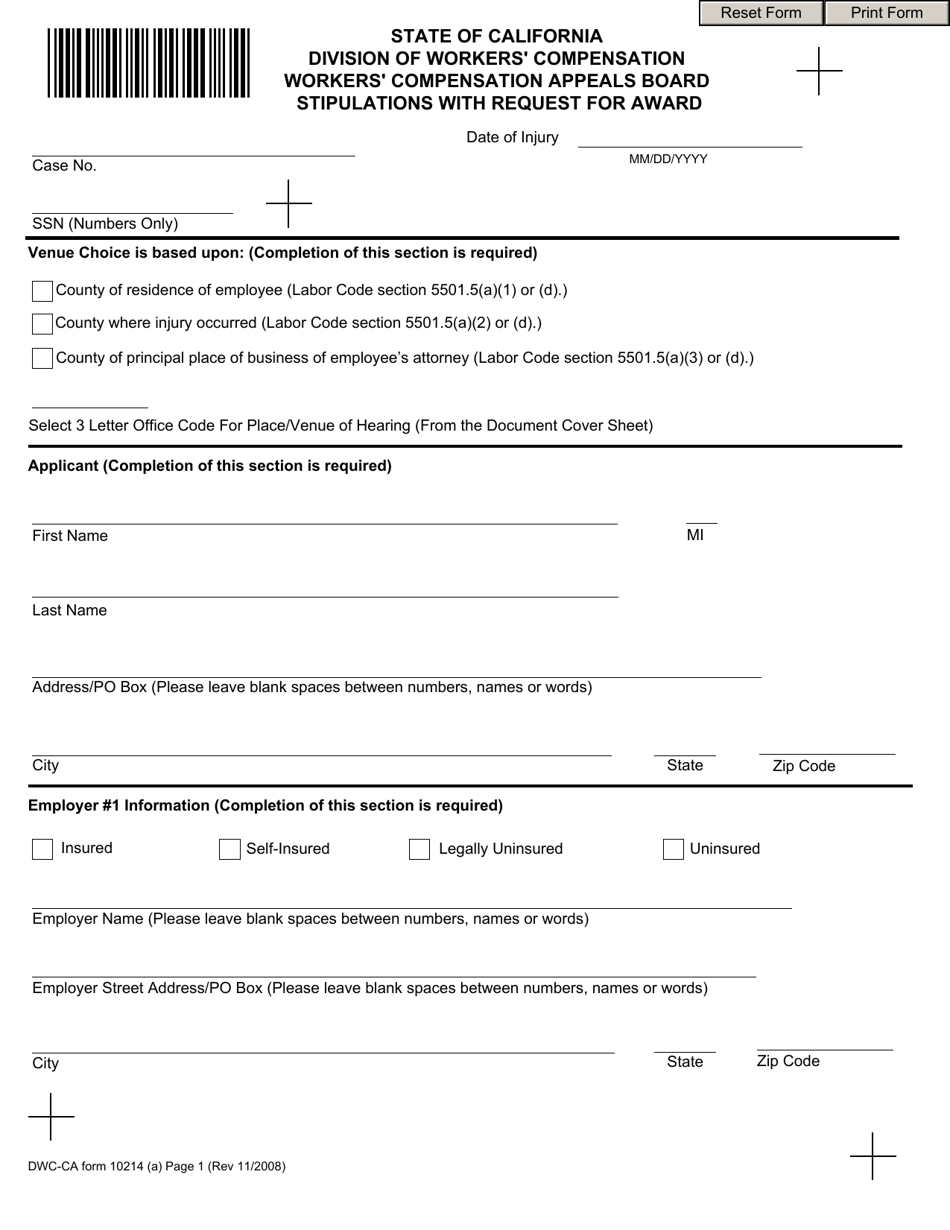 DWC-CA Form 10214 (A) Stipulations With Request for Award - California, Page 1