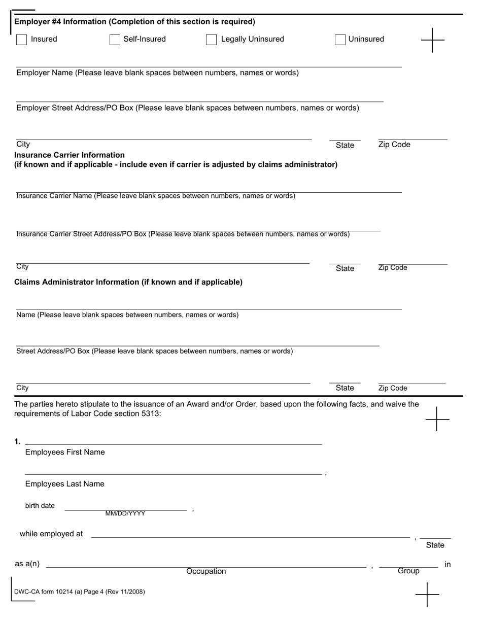 DWC-CA Form 10214 (A) Stipulations With Request for Award - California, Page 4