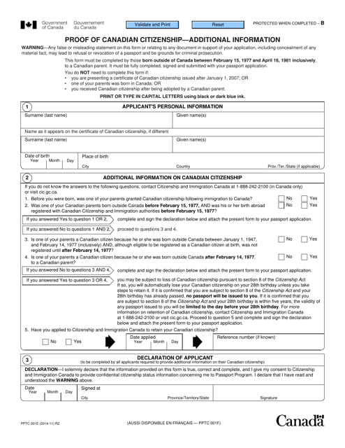 Form PPTC001 Proof of Canadian Citizenship - Additional Information - Canada