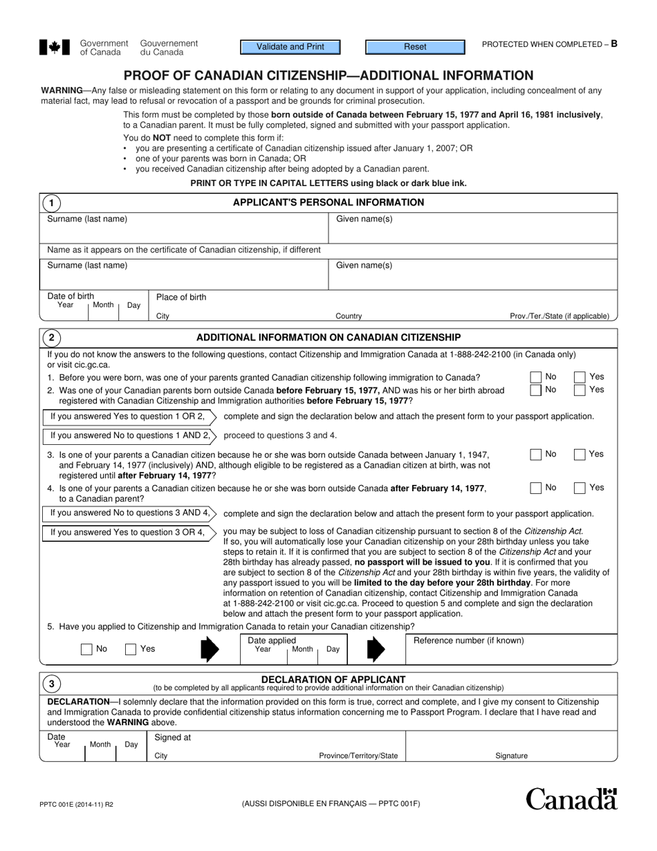 Form PPTC001 Proof of Canadian Citizenship - Additional Information - Canada, Page 1